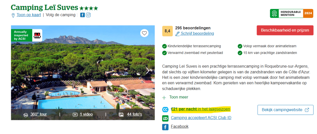 CampingCard ACSI zichtbaar op Eurocampings