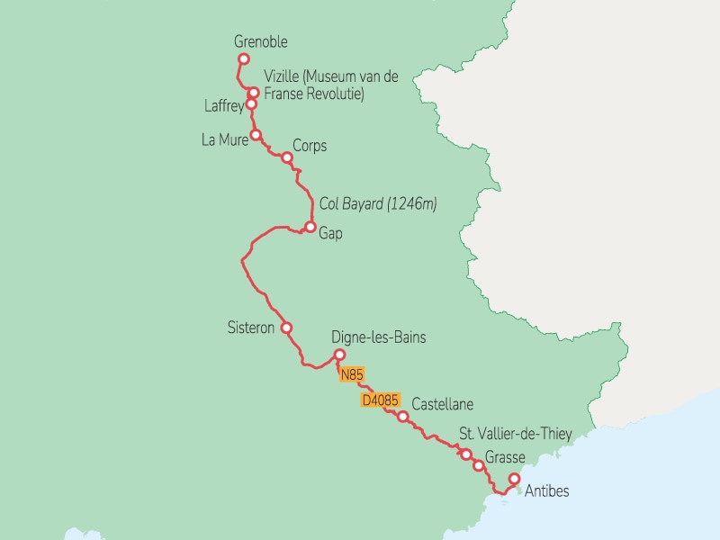 route kaart Napoleonroute, route Napoléon